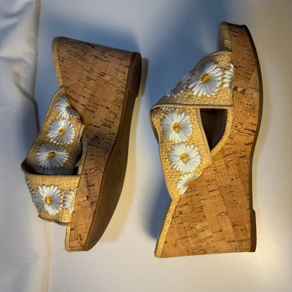 Womens Jessica Simpson Size 6.5 EU 37 Tan Cork Daisy Wedges Slip On JS-Seena A2